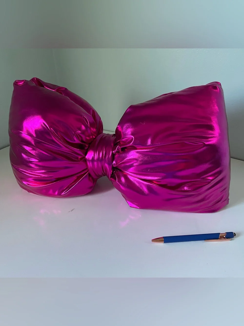 Decorative Hot Pink Bow Shaped Accent Pillow Metallic Faux Leather